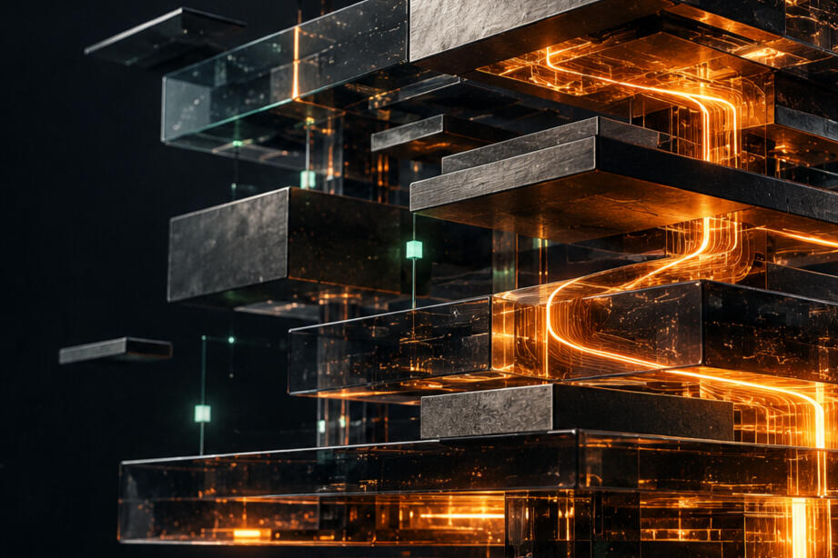 Conceptual blockspace sculpture with an amber transaction path through graphite and glass layers